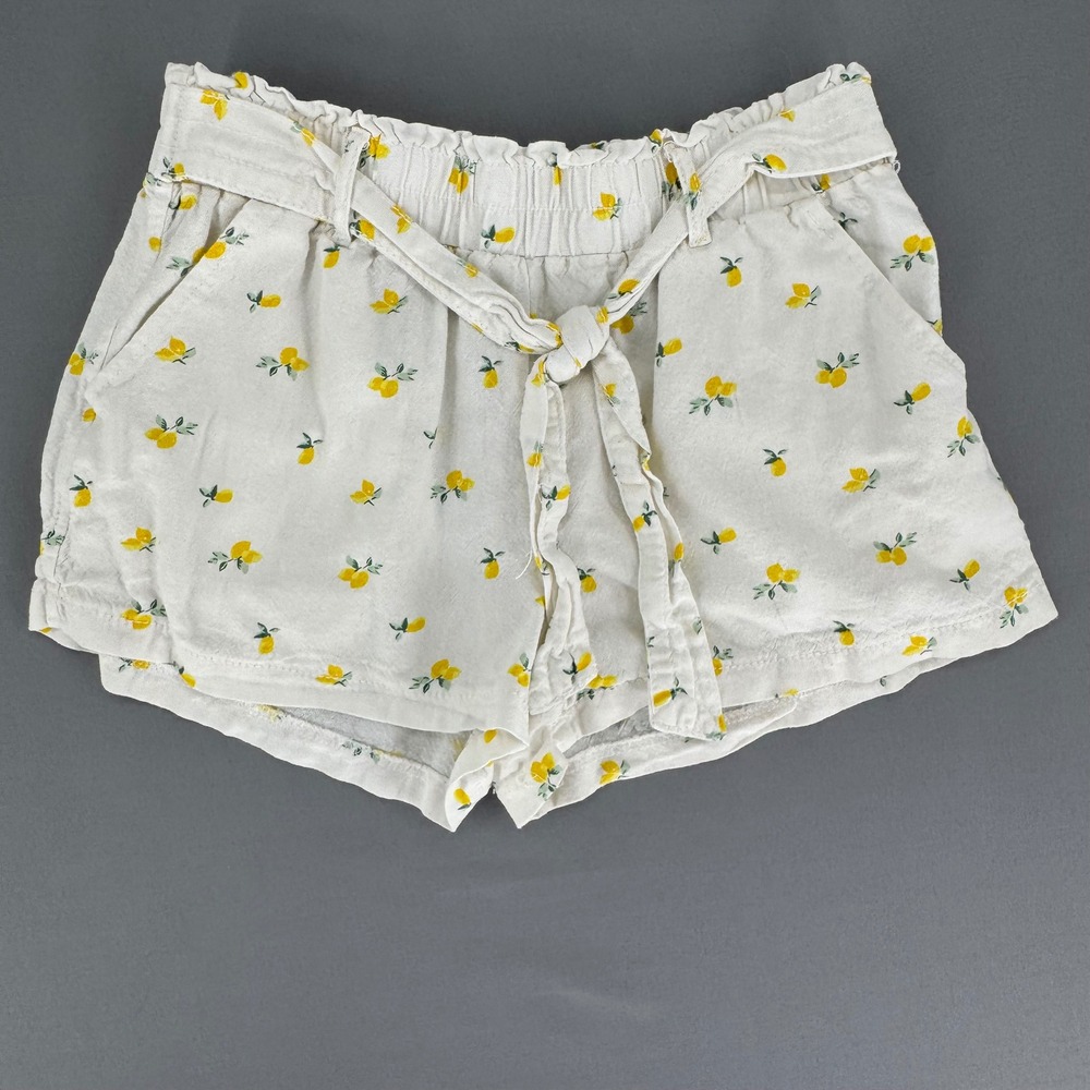 April Kiss Women White Lemon Print Linen Blend Paperbag Waist Shorts Small